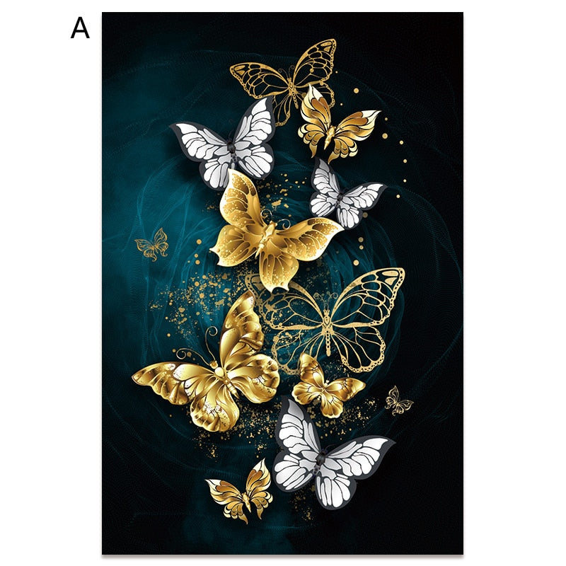 Nordic Gold Blue Butterfly Leaf Gilt Picture Wall Poster